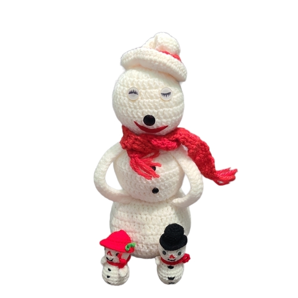 hand-made vintage 15" Crocheted snowman and 2 baby Snowmans